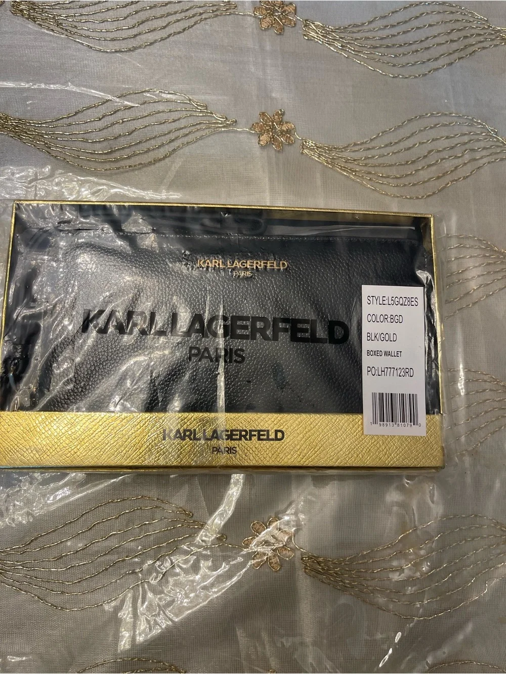 Karl Lagerfeld Black Pebbled Leather Zip Wristlet with Gold Logo